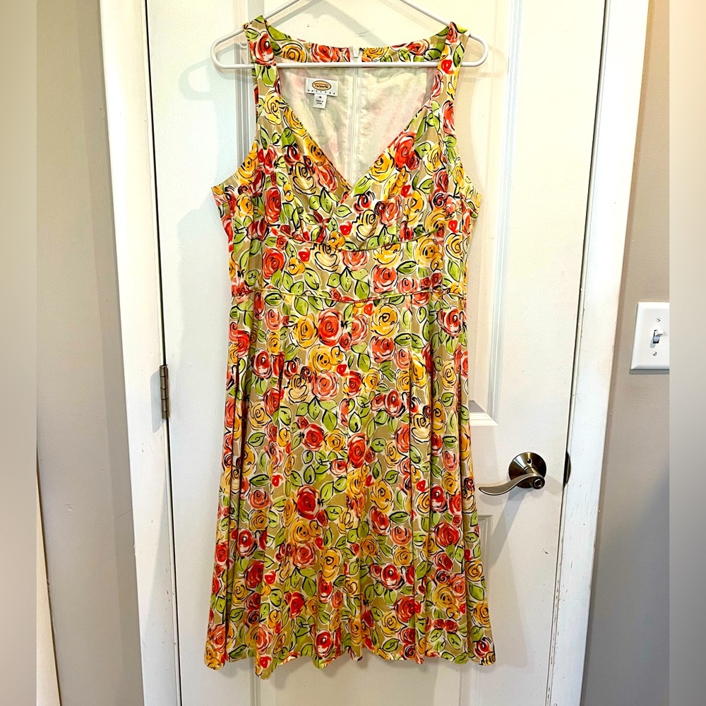 Talbot’s Bold Floral Empire Waist Sleeveless Cotton Mid-length Dress Sz 14P